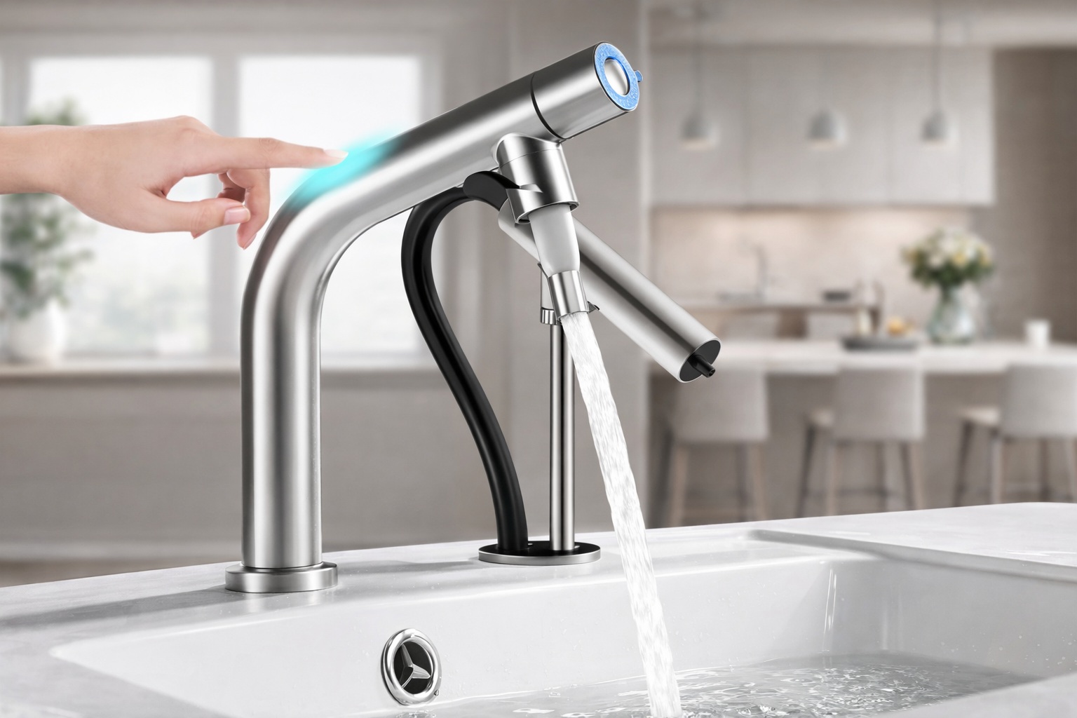 Commercial touchless faucet side profile showing projection and mounting plane